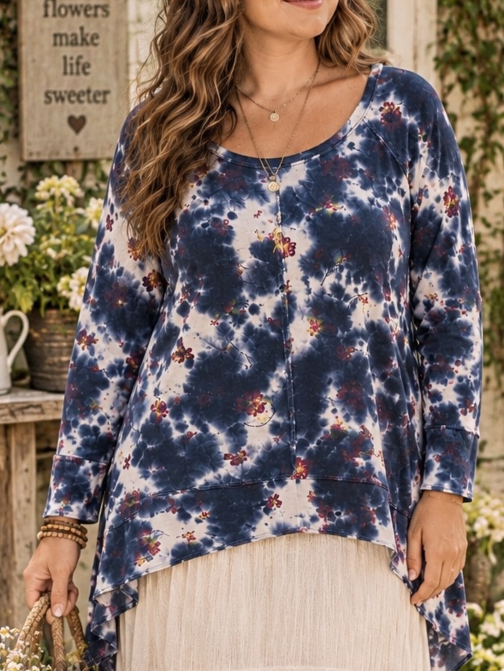 Style & Co. Floral Tie Dye Boho Cottagecore Hi-Low Hem Tunic Blouse Size XL